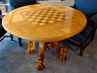 Zongkers Custom Marquetry Game Table with Chess Piece Legs