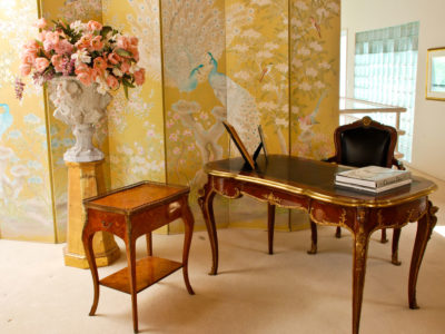 French Desk and Chair, Robert Crowder Hand-Painted Screen